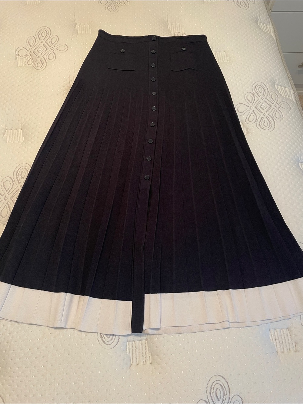 EUC Sandro Paris Black Pleated Button-Front Skirt with White Border